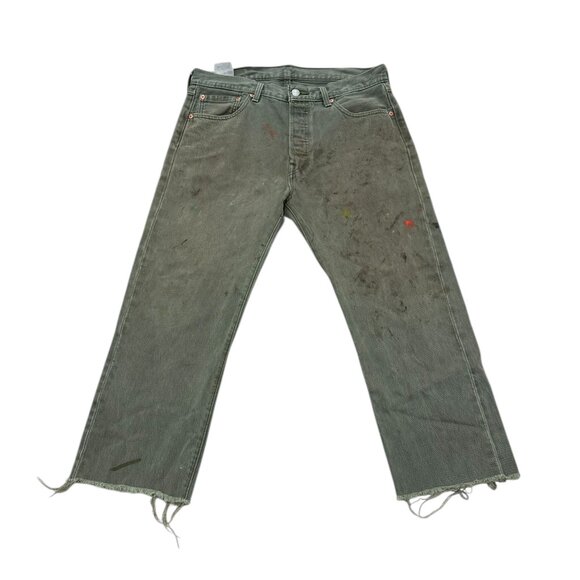 Men’s Levi’s 501 Green Denim Paint Splatter Cut Off Jeans W34